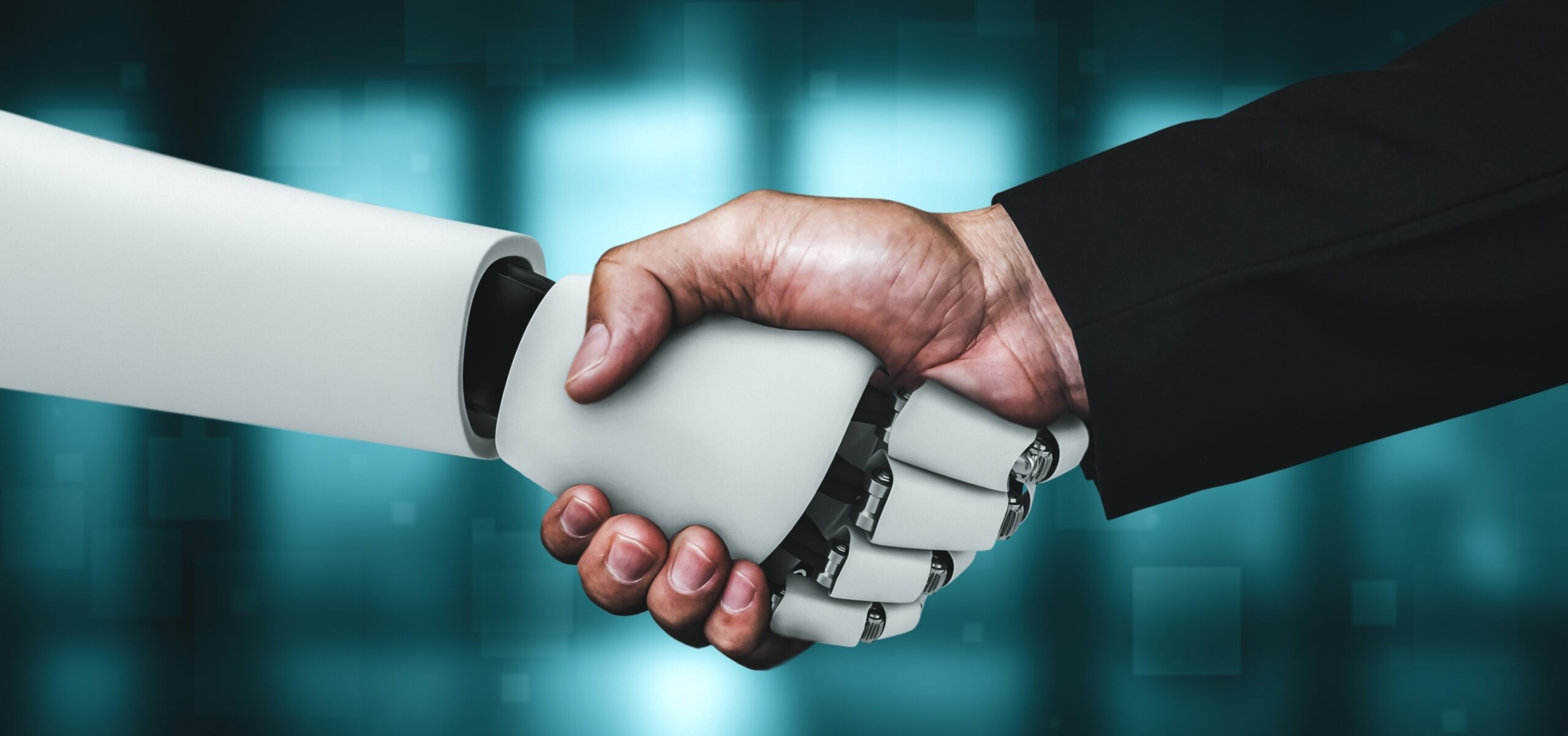 3D rendering humanoid robot handshake to collaborate future technology